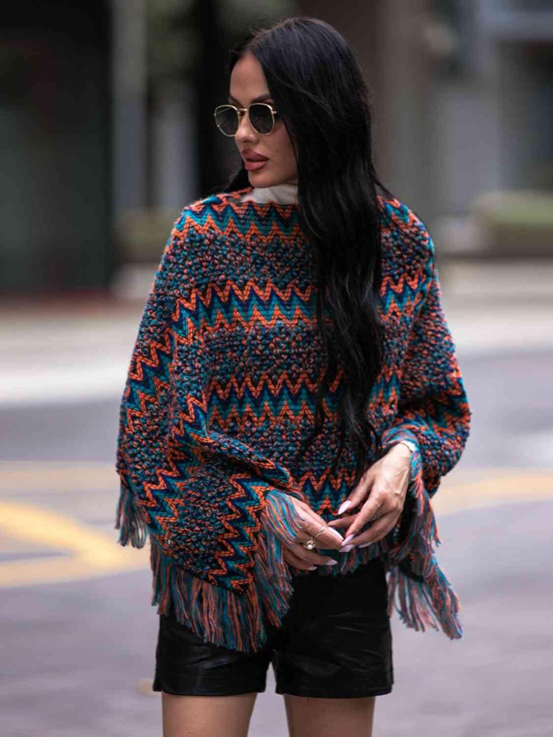 Shiny Fringe Hem Boat Neck Poncho - Chic Yana's Fashion