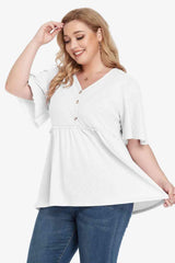 Plus Size Buttoned V Neck Frill Trim Babydoll Blouse - Chic Yana's Fashion