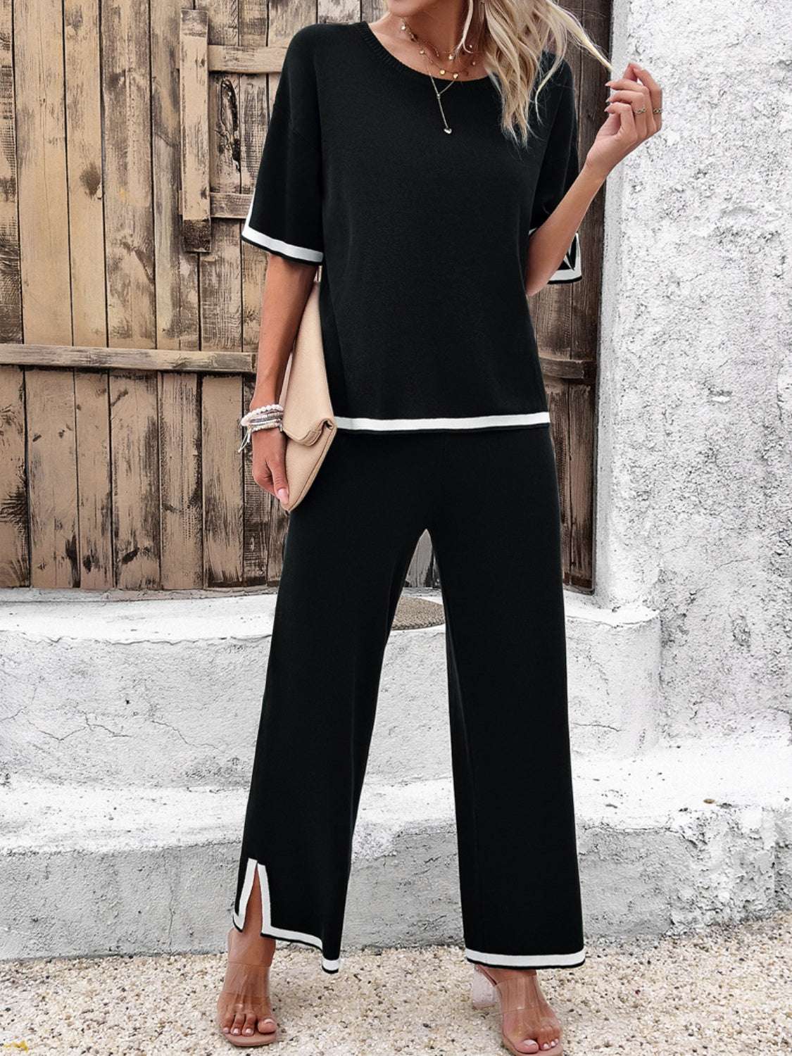 Devine Contrast Trim Round Neck Top and Pants Set – Chic Yana’s Fashion