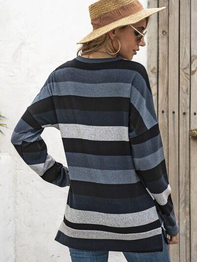 Full Size Striped Round Neck Long Sleeve T Shirt Plus Size - Chic Yana's Fashion