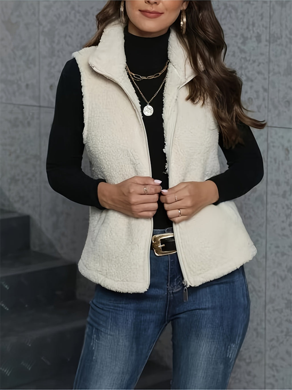 Zip Up Turtleneck Sherpa Vest Coat with Pockets - Chic Yana’s Fashion
