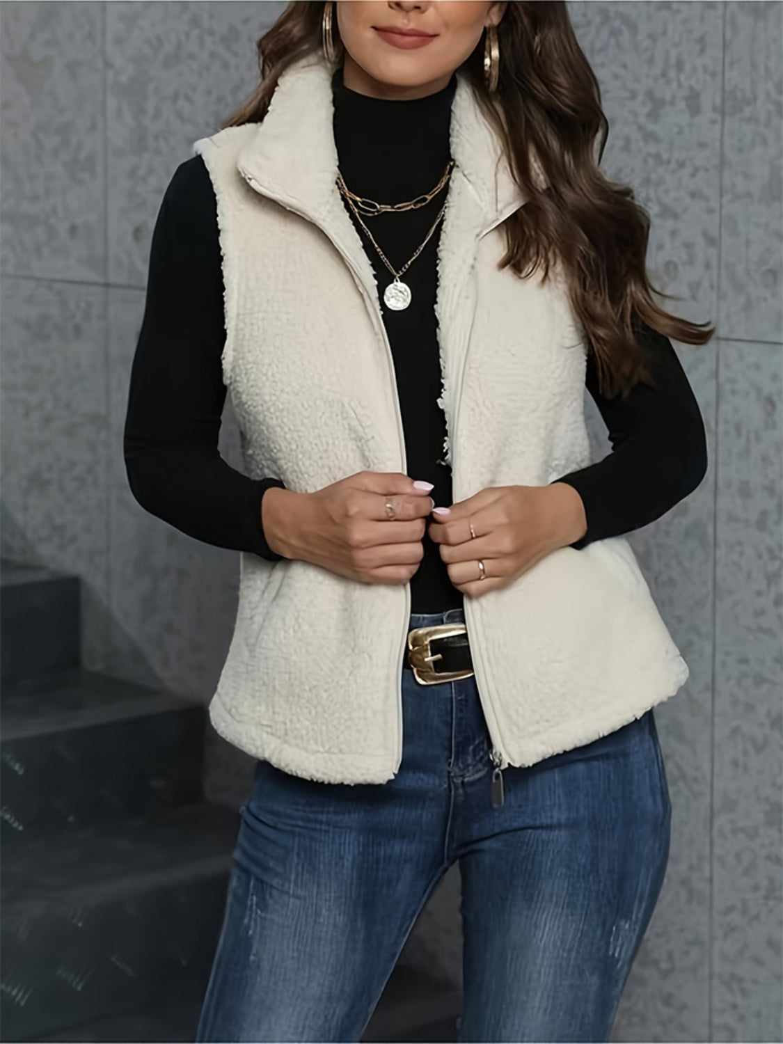 Zip Up Turtleneck Sherpa Vest Coat with Pockets - Chic Yana’s Fashion