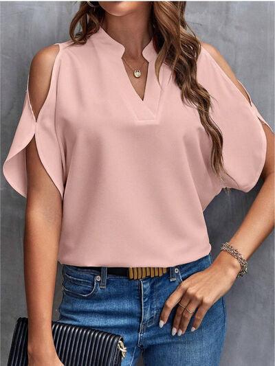 Notched Cold Shoulder Half Sleeve Blouse - Chic Yana's Fashion