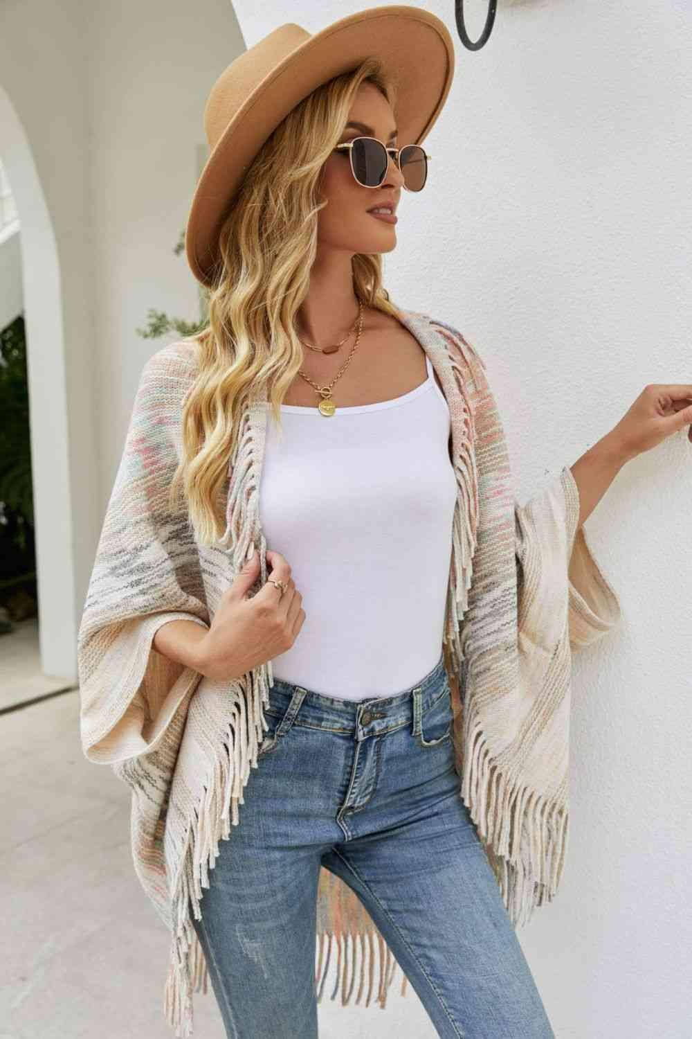 Multicolored Fringe Trim Poncho - Chic Yana's Fashion