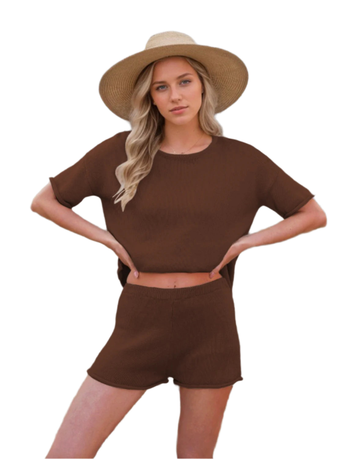 Round Neck Short Sleeve Top and Shorts Sweater Set - Shop Now at Chic Yana's Fashion