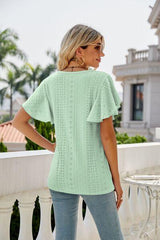 Mandy Eyelet Round Neck Flutter Sleeve Top - Chic Yana's Fashion