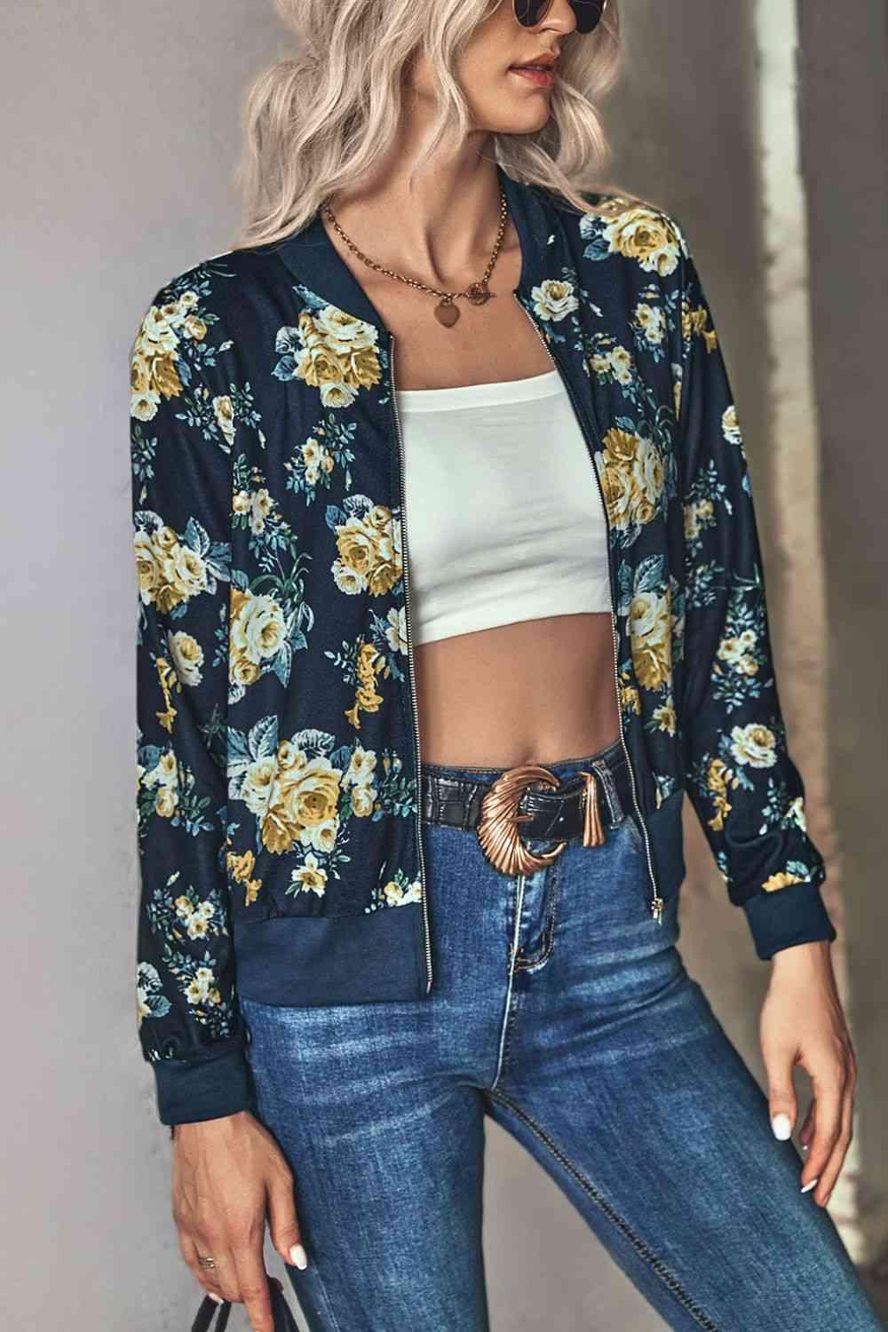 Floral Zip Up Ribbed Trim Bomber Jacket - Chic Yana's Fashion