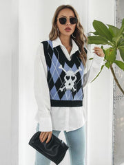 Skull Geometric V Neck Sweater Vest - Chic Yana's Fashion