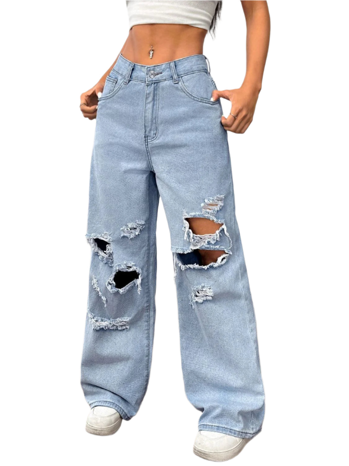 Buy Distressed Wide Leg Jeans with Pockets Online - Stylish & Comfortable | Chic Yana's Fashion