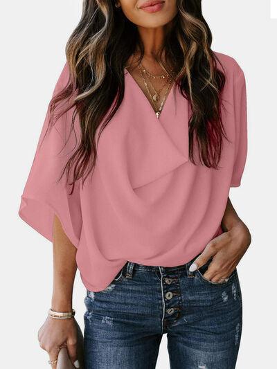 Full Size Cowl Neck Three Quarter Sleeve Blouse - Chic Yana's Fashion