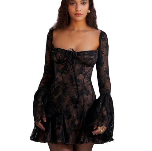 Lace Square Collar Dress with Bell Sleeves — Spring, Fall — Chic Yana Fashion