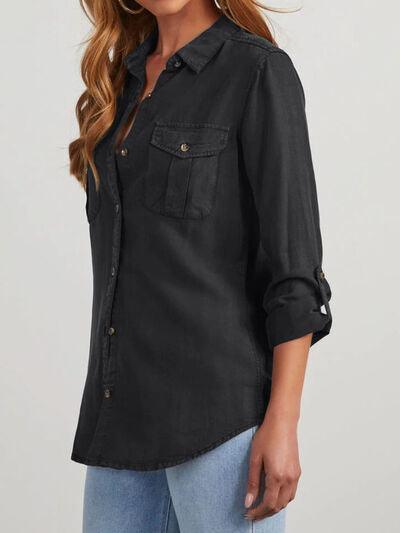 Collared Neck Roll Tab Sleeve Denim Top - Chic Yana's Fashion