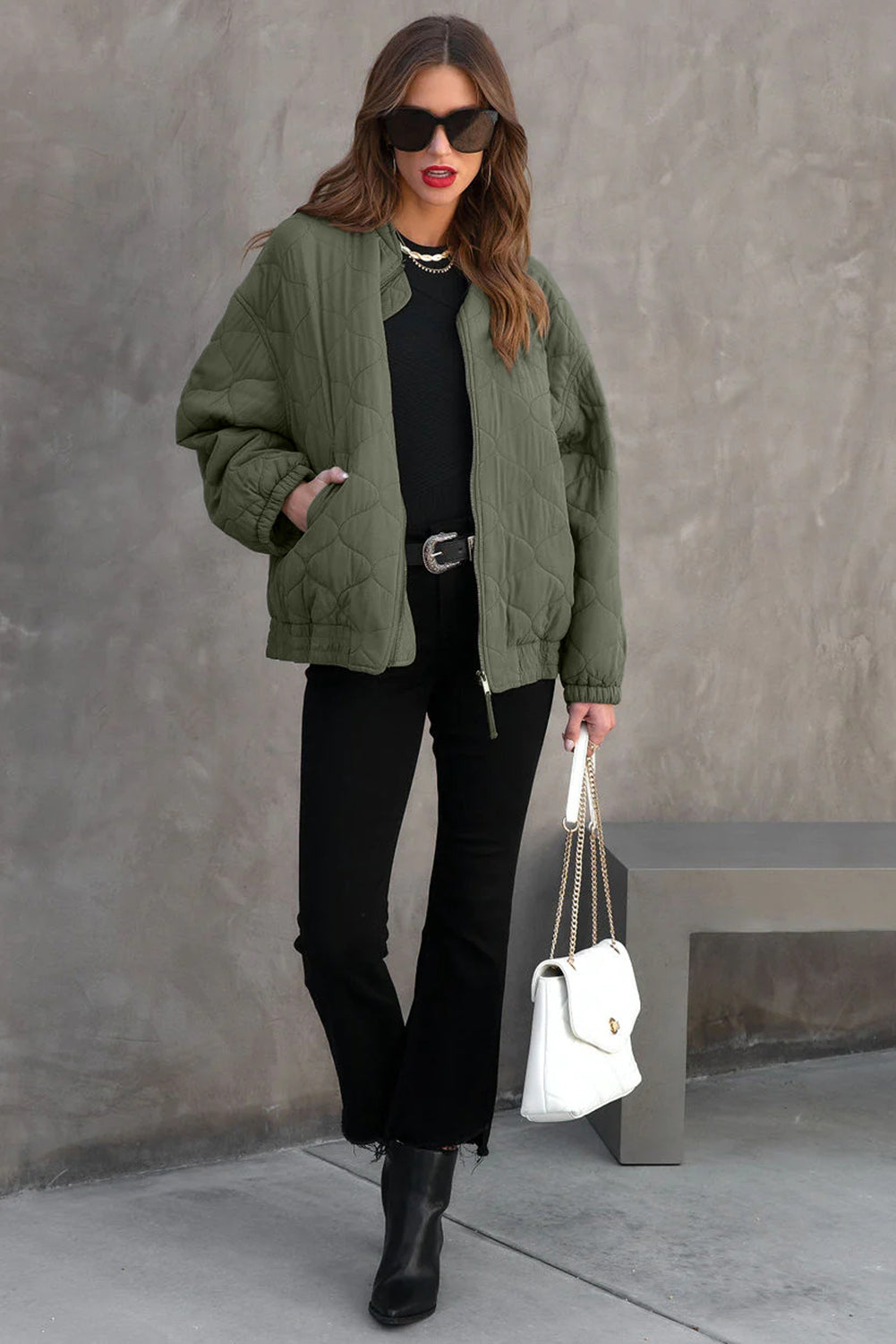 Zip Up Drop Shoulder Long Sleeve Puffer Jacket - Chic Yana’s Fashion