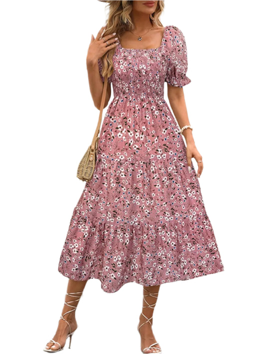 Floral Square Neck Short Sleeve Tiered Dress - Women's Fashion Romper - Chic Yana's Fashion