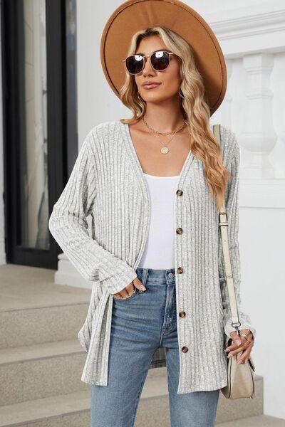 Ribbed Button Up Long Sleeve Cardigan - Chic Yana's Fashion