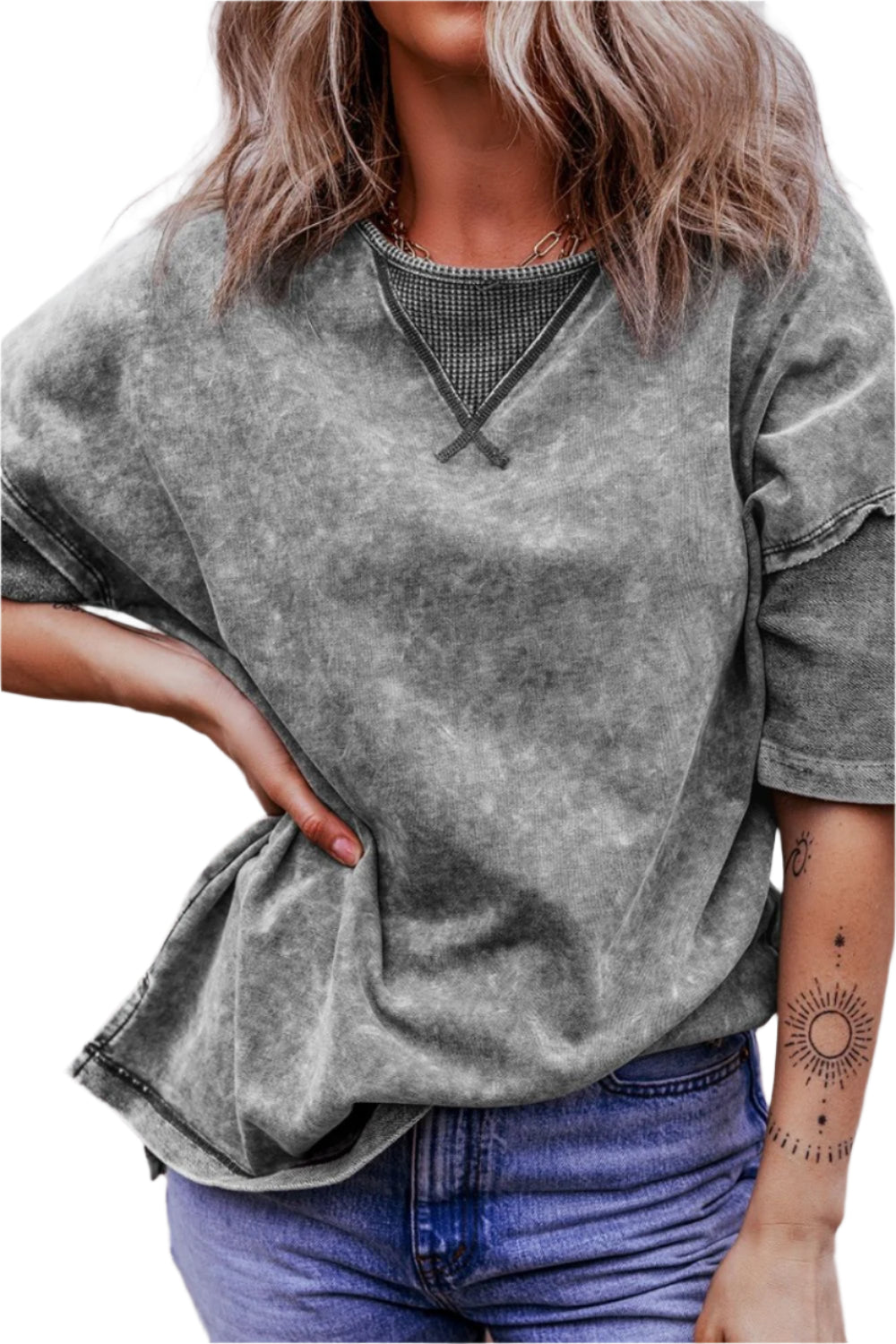 Mineral Wash Drop Shoulder Round Neck T-Shirt - High-Quality Fashion | Chic Yana