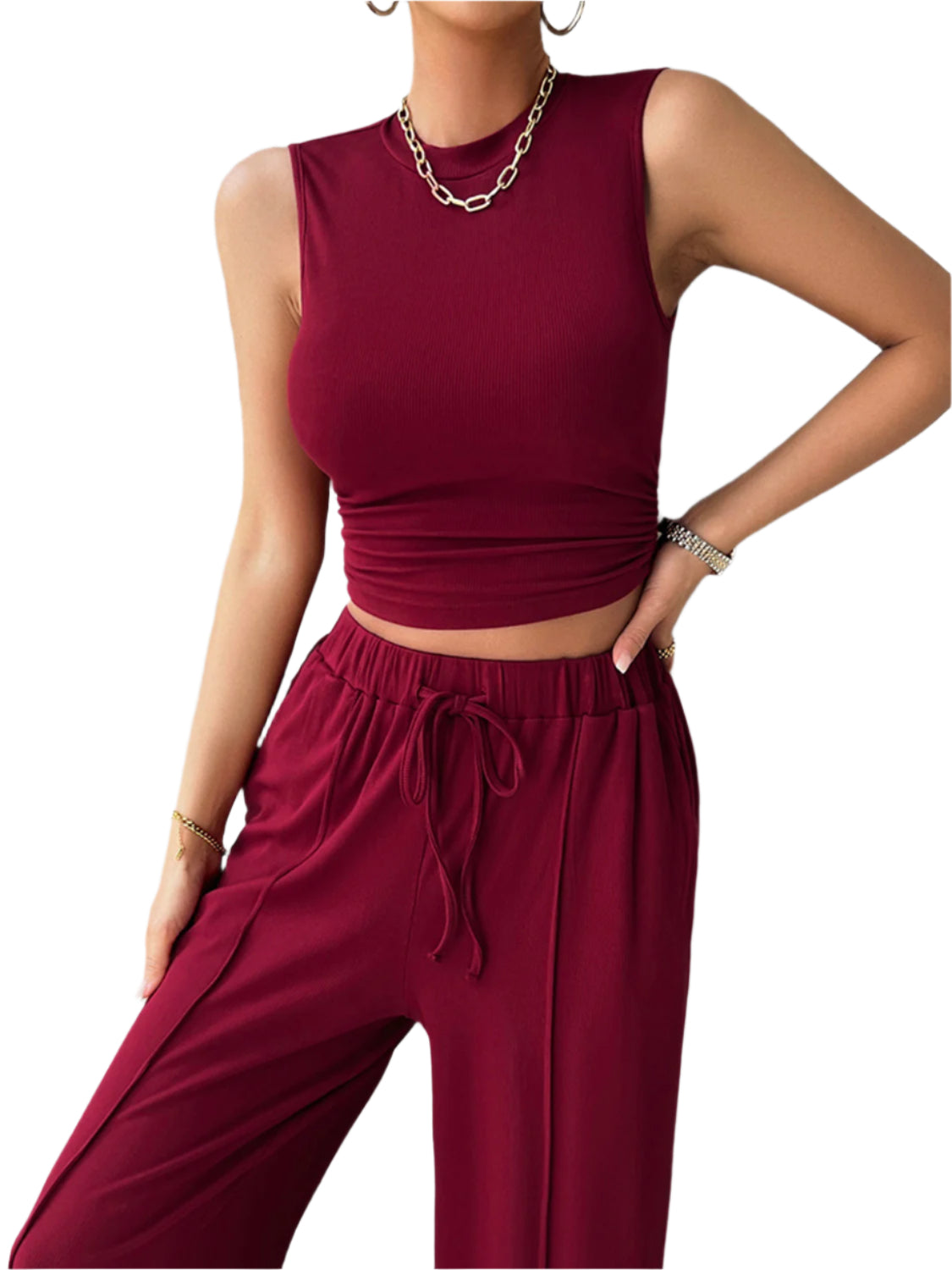 Devine Mock Neck Sleeveless Top and Drawstring Pants Set – Chic Yana’s Fashion