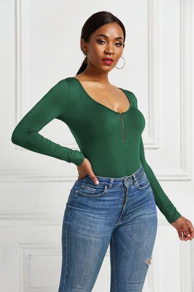 Half Zip Scoop Neck Long Sleeve Bodysuit - Chic Yana's Fashion