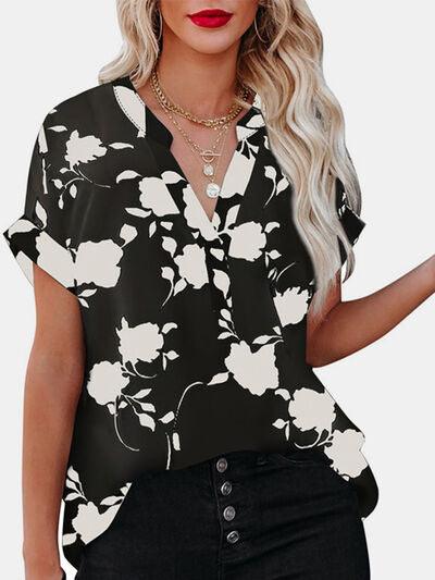 Full Size Printed Notched Short Sleeve Blouse - Chic Yana's Fashion