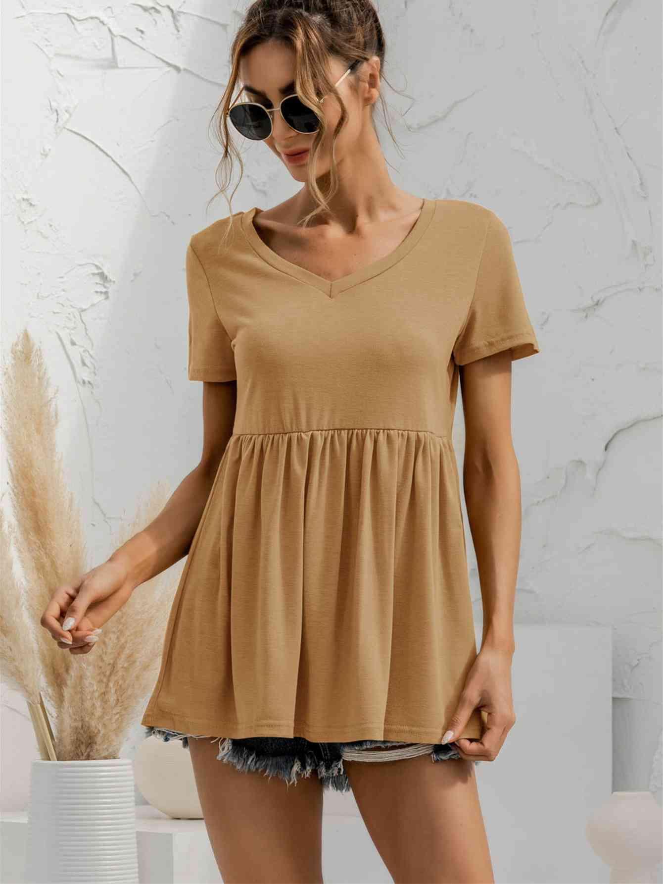 V Neck Short Sleeve Babydoll Top - Chic Yana's Fashion