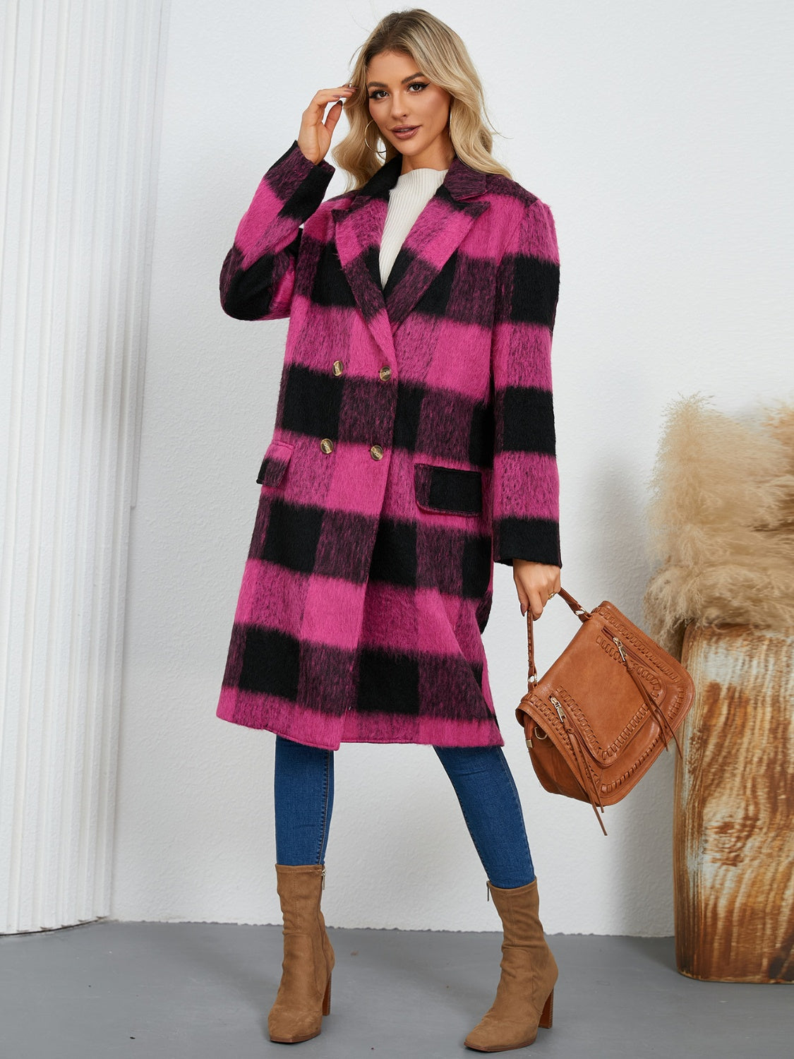 Plaid Double-Breasted Long Sleeve Coat - Chic Yana’s Fashion