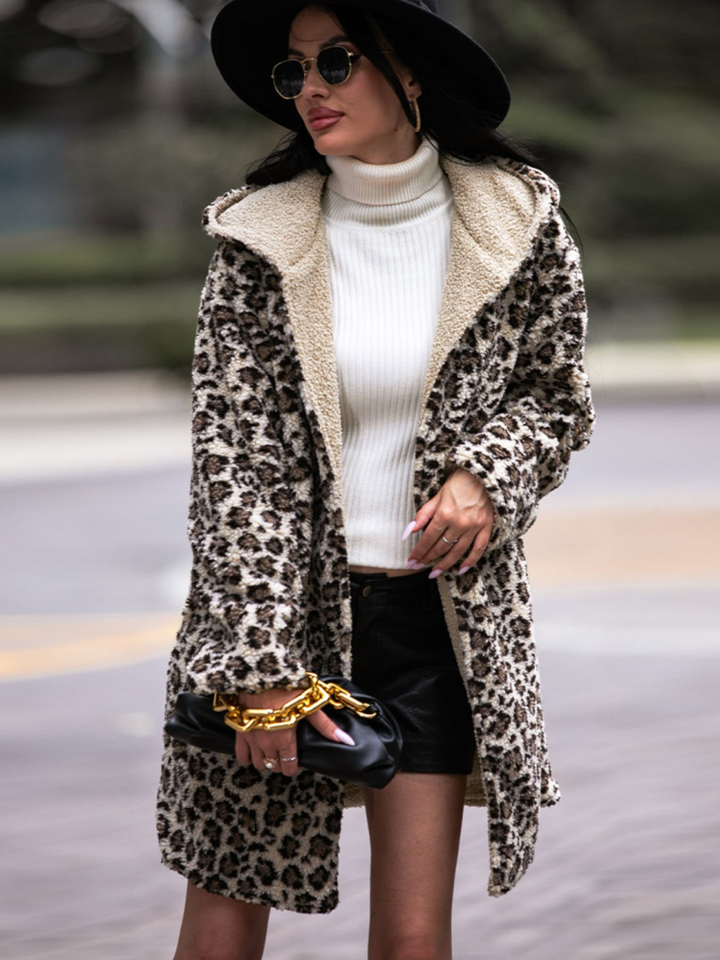 Shiny Leopard Hooded Coat with Pockets - Chic Yana’s Fashion