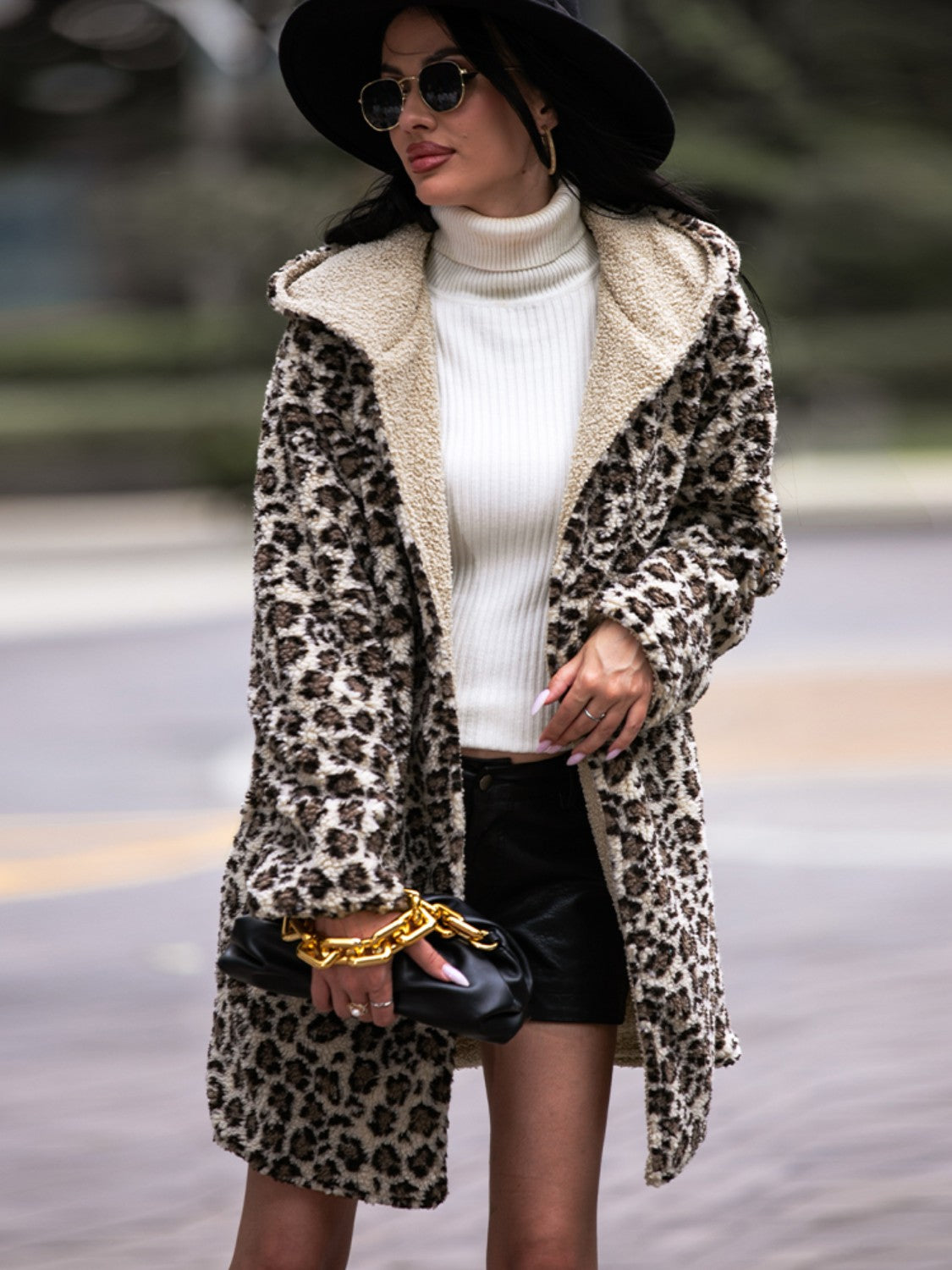 Shiny Leopard Hooded Coat with Pockets - Chic Yana’s Fashion