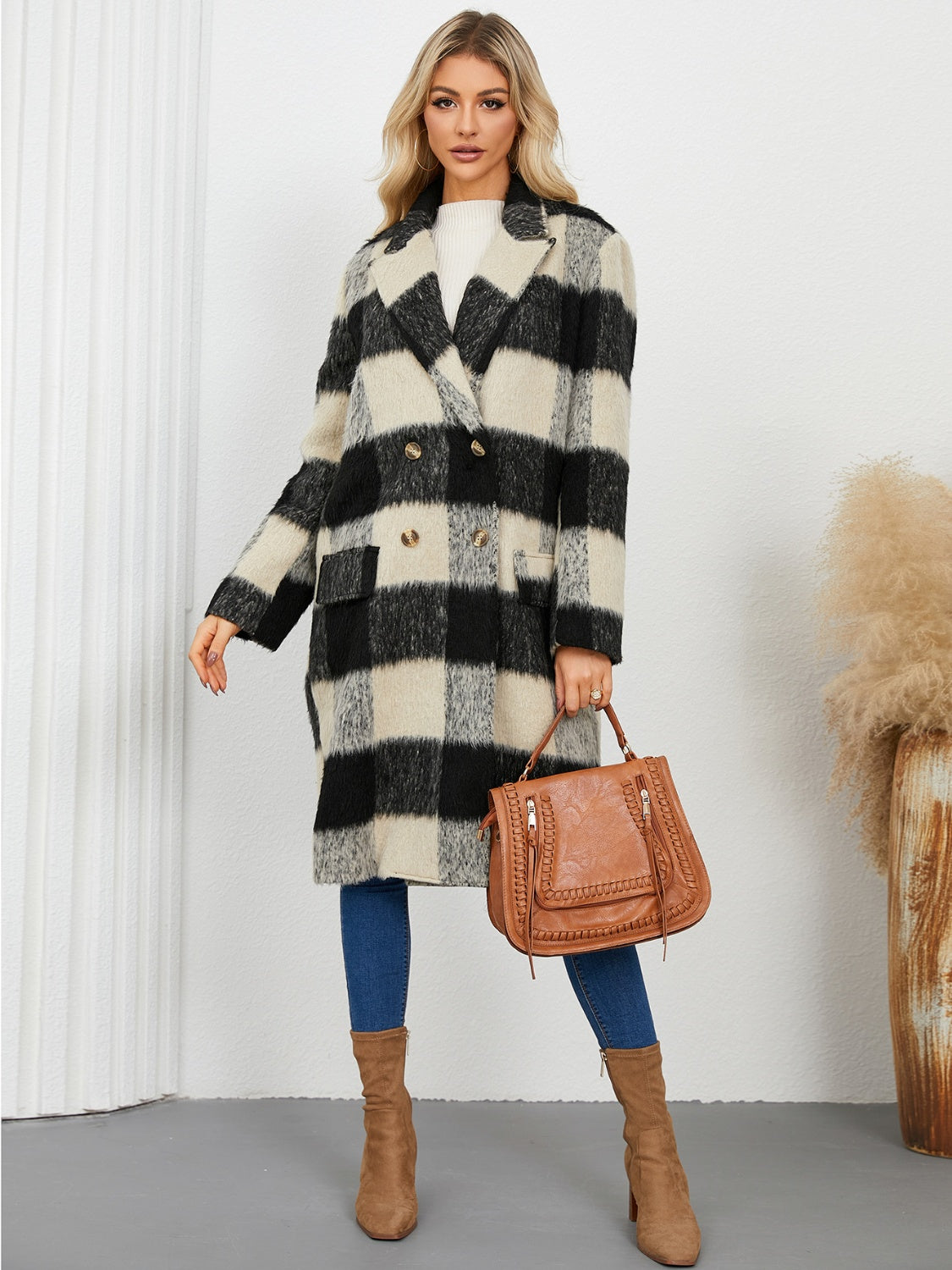 Plaid Double-Breasted Long Sleeve Coat - Chic Yana’s Fashion