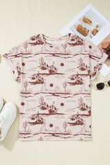 Printed Round Neck Short Sleeve T Shirt - Chic Yana's Fashion