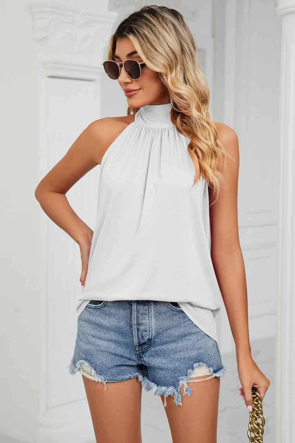 Gathered Detail Tied Sleeveless Top - Chic Yana's Fashion