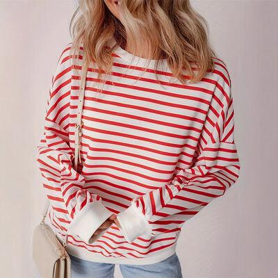 Full Size Striped Round Neck Long Sleeve Sweatshirt Plus Size - Chic Yana's Fashion