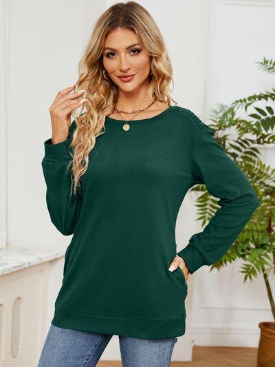 Ruched Shoulder Round Neck Long Sleeve Sweatshirt - Chic Yana's Fashion