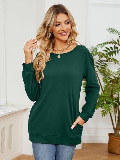 Ruched Shoulder Round Neck Long Sleeve Sweatshirt - Chic Yana's Fashion