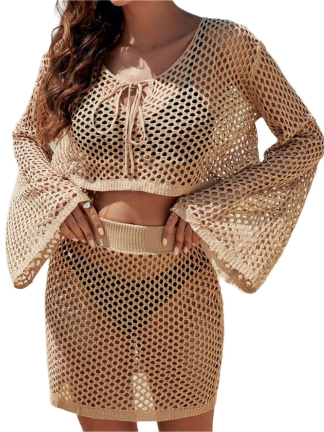 Full Size Openwork Flare Sleeve Top and Skirt Cover Up Set - Stylish and Trendy Women's Fashion from Chic Yana's Fashion