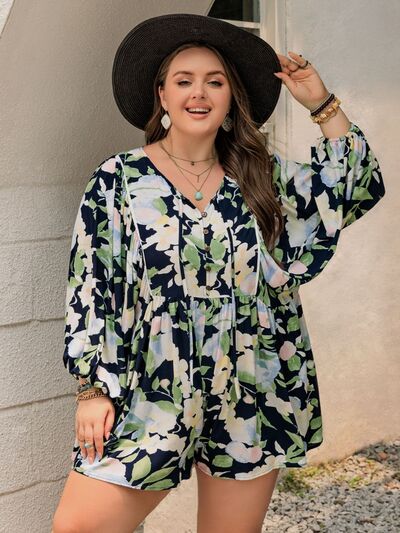 Plus Size Tied Printed Long Sleeve Romper - Chic Yana's Fashion