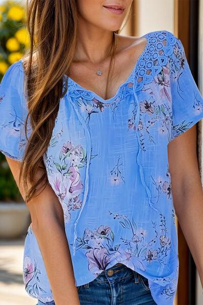 Full Size Printed Tie Neck Short Sleeve Blouse - Chic Yana's Fashion