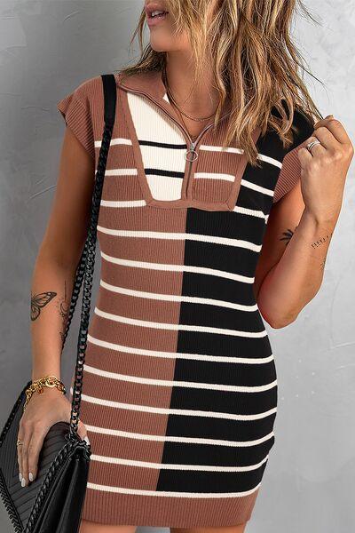 Striped Quarter Zip Cap Sleeve Sweater Dress - Chic Yana's Fashion