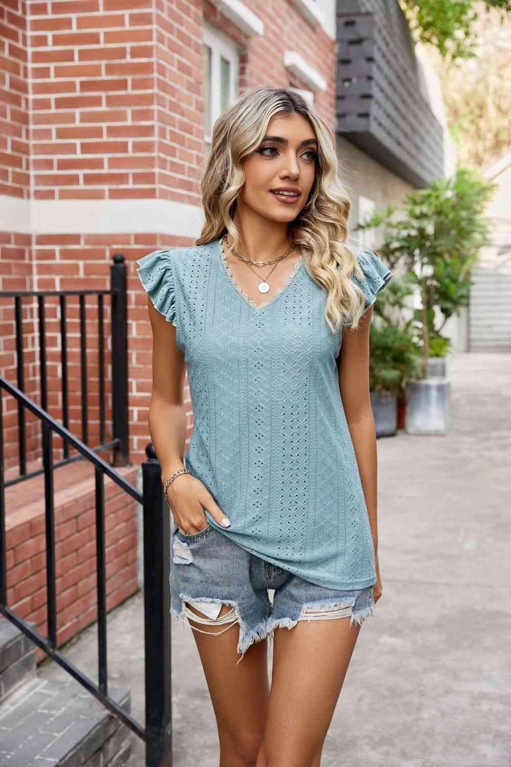 Eyelet Flutter Sleeve Scalloped V Neck Top - Chic Yana's Fashion