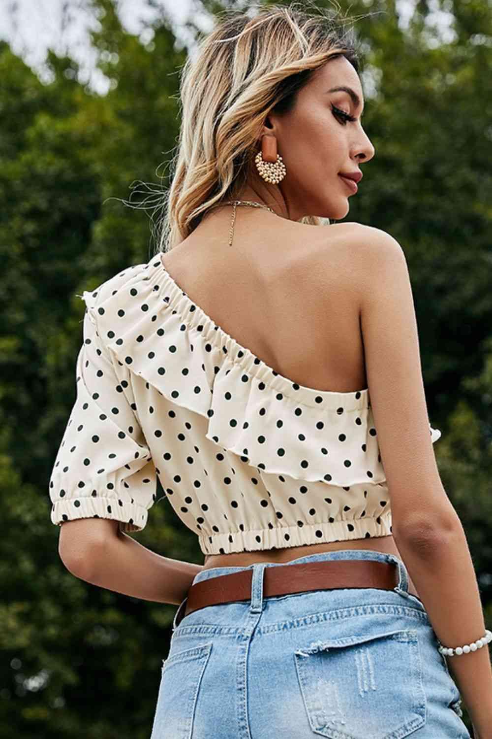 Shiny Polka Dot One Shoulder Ruffled Crop Top - Chic Yana's Fashion