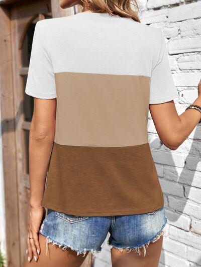 Color Block Round Neck Short Sleeve T Shirt 2 - Chic Yana's Fashion