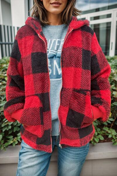 Double Take Full Size Plaid Long Sleeve Hooded Coat - Chic Yana's Fashion