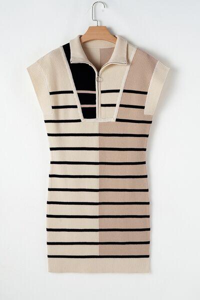 Striped Quarter Zip Cap Sleeve Sweater Dress - Chic Yana's Fashion