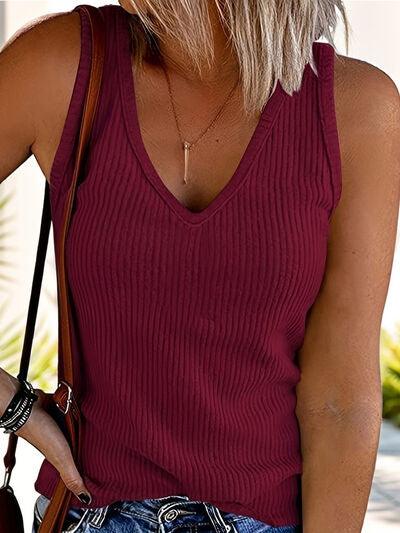 Ribbed V Neck Wide Strap Tank - Chic Yana's Fashion
