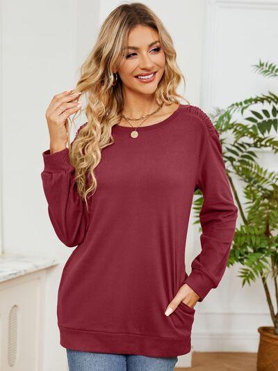 Ruched Shoulder Round Neck Long Sleeve Sweatshirt - Chic Yana's Fashion