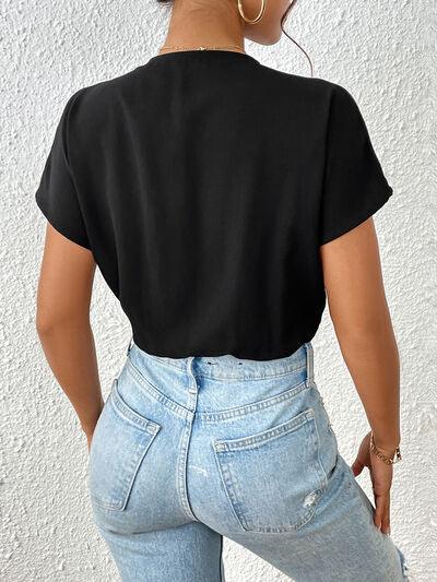 Perfee Surplice Short Sleeve Ruched Bodysuit - Chic Yana's Fashion