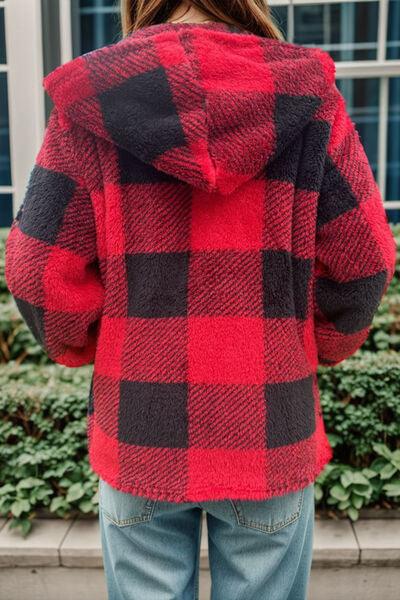 Double Take Full Size Plaid Long Sleeve Hooded Coat - Chic Yana's Fashion