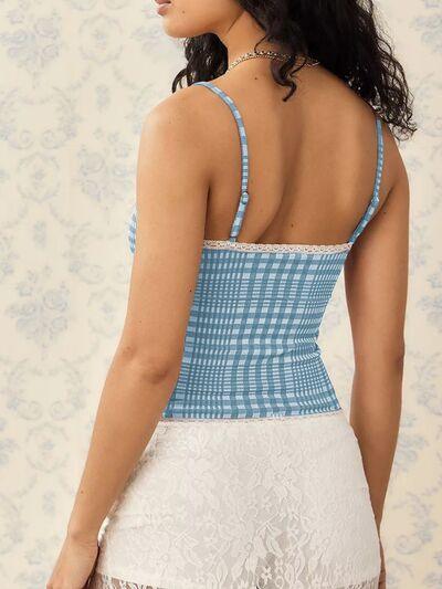 Lace Detail Plaid Square Neck Cami - Chic Yana's Fashion