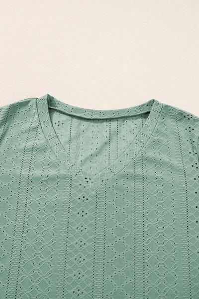 Plus Size Eyelet V Neck Petal Sleeve Blouse - Chic Yana's Fashion