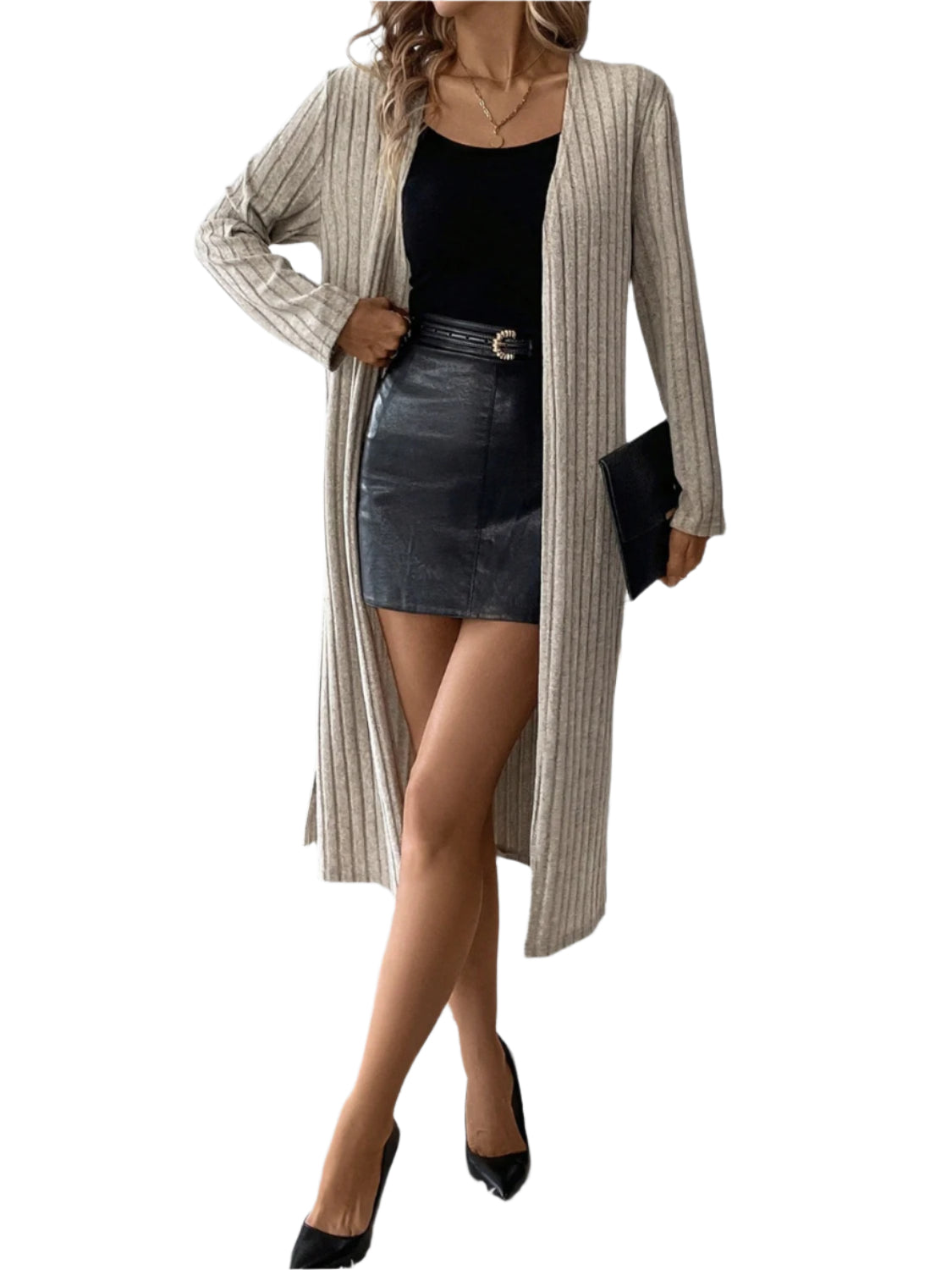 Side Slit Ribbed Open Front Cardigan - Chic Yana’s Fashion
