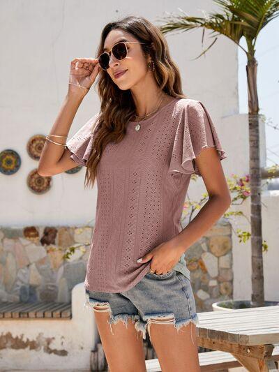 Mandy Eyelet Round Neck Flutter Sleeve Top - Chic Yana's Fashion